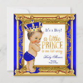 Invitation Brunette Prince Bébé Shower Bleu Faux Or (Devant)