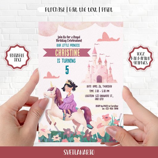Invitation Brunette Princess équitation Unicorn Party Invitat
