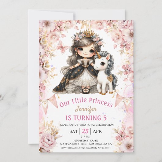 Invitation Brunette Princess Unicorn 5e anniversaire Invitati (Devant)