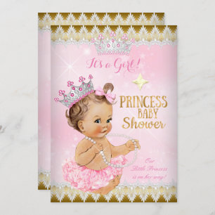Invitation Brunette Princesse Baby shower Pink Tutu Gold
