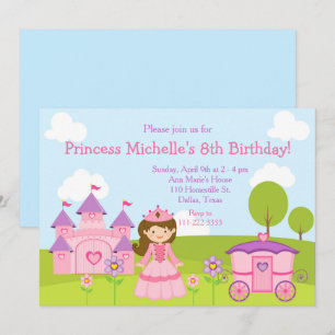 Invitation Brunette Princesse et Château et fête d'anniversai