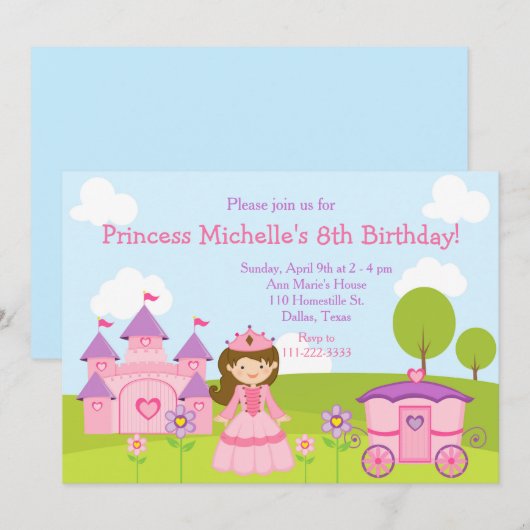 Invitation Brunette Princesse et Château et fête d'anniversai (Devant / Derrière)