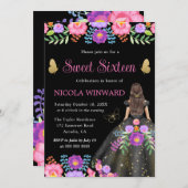 Invitation Brunette Princesse Mexicaine Robe Florale Douce 16 (Devant / Derrière)