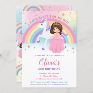 Invitation Brunette Princesse Unicorn Anniversaire      Rainb