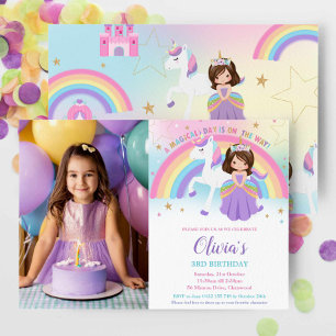 Invitation Brunette Princesse Unicorne Anniversaire Rainbow P