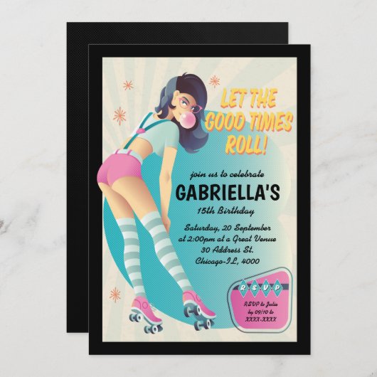 Invitation Brunette Retro Roller Ski fête d'anniversaire (Devant / Derrière)