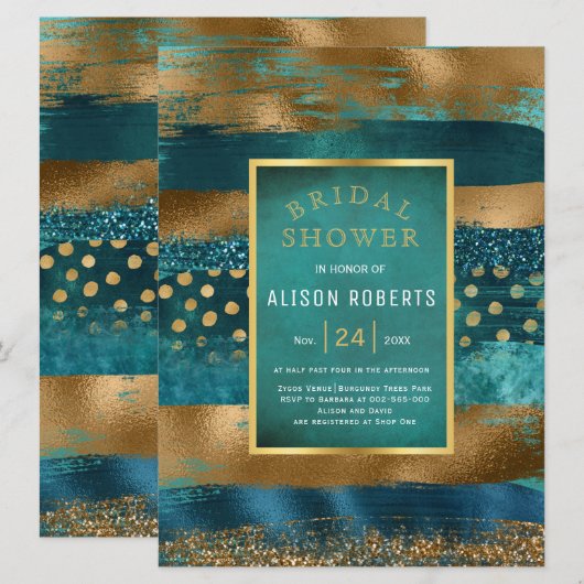 Invitation Brush Gold et turquoise coups mariage douche nupti (Devant / Derrière)