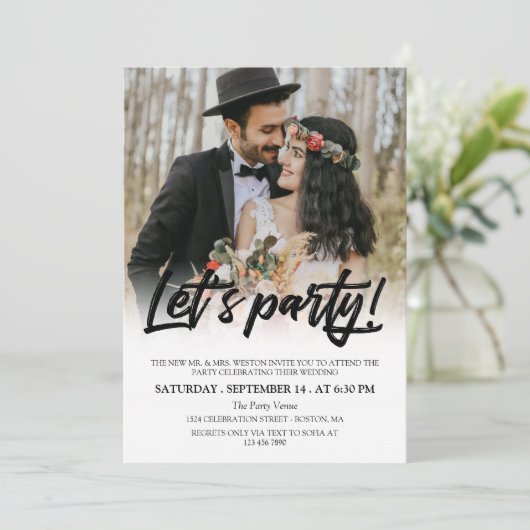 Invitation Brush noir Script Let's Party Photo Mariage (Debout devant)
