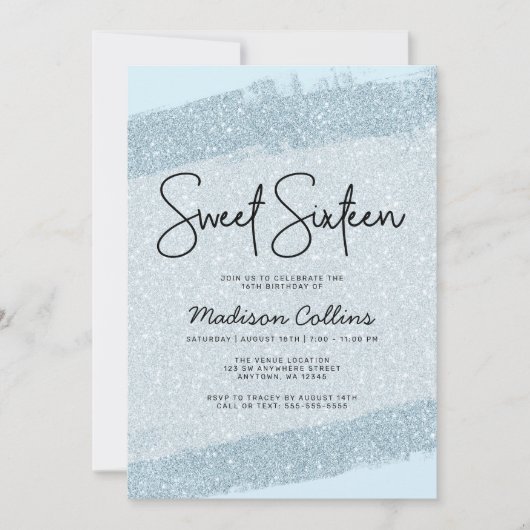 Invitation Brush Parties scintillant bleu clair Sweet 16 (Devant)