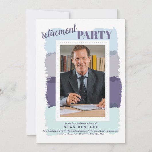 Invitation Brush Strokes Blue Photo Retraite Party Invitati (Devant)