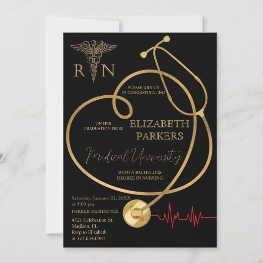 Invitation BSN RN Black Gold Nursing Party (Devant)