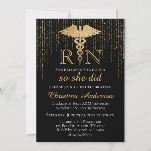 Invitation BSN RN Gold Parties scintillant étincelante Diplôm (Devant)
