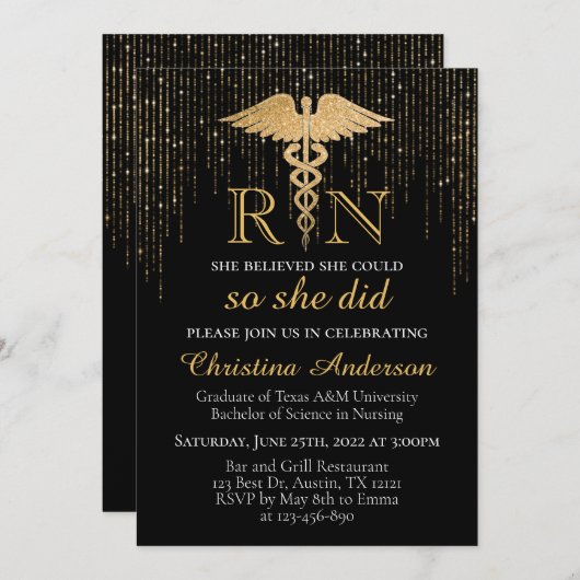 Invitation BSN RN Gold Parties scintillant étincelante Diplôm (Devant / Derrière)
