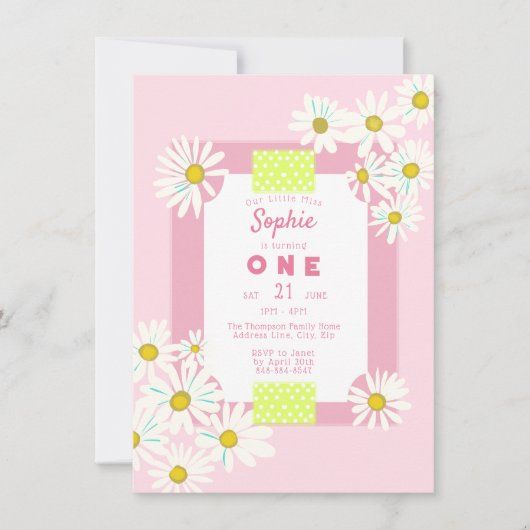 Invitation Bubblegum Pink Daisies Frame Little Miss One Anniv (Devant)