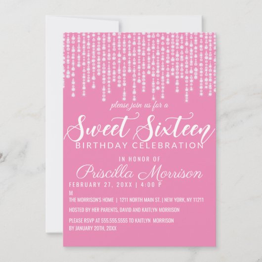 Invitation Bubblegum Pink Hanging Diamond Lights Sweet 16 (Devant)
