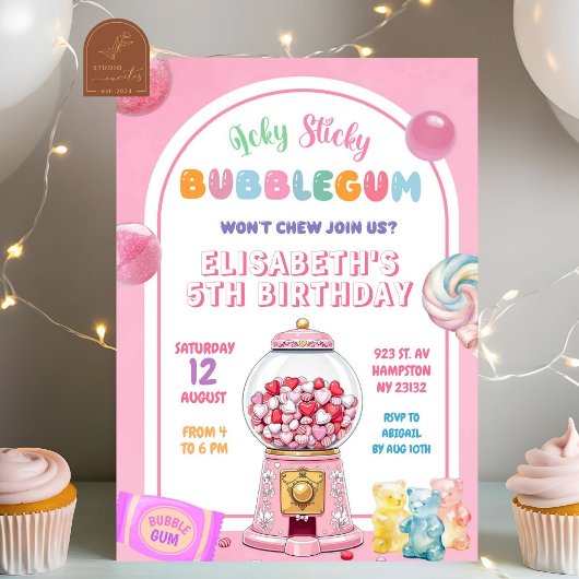 Invitation Bubblegum rose Bonbons d'anniversaire fille