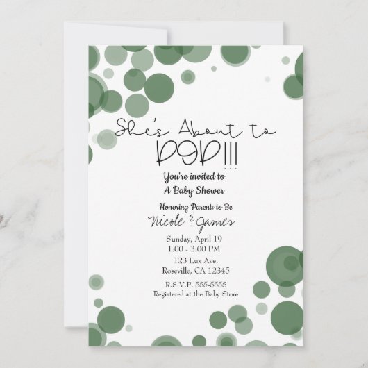 Invitation Bubbles à points Polka vert et blanc Elle est sur (Devant)