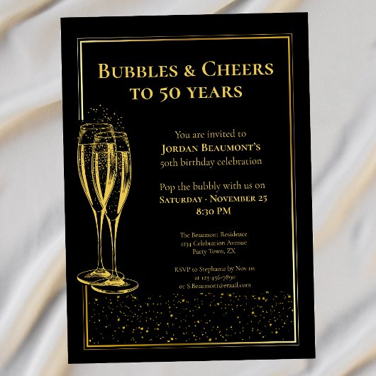Invitation Bubbles and Cheers Black Gold 50e fête d'anniversa