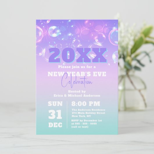 Invitation Bubbles and Lights Pastel Gradient New Year's Eve (Debout devant)