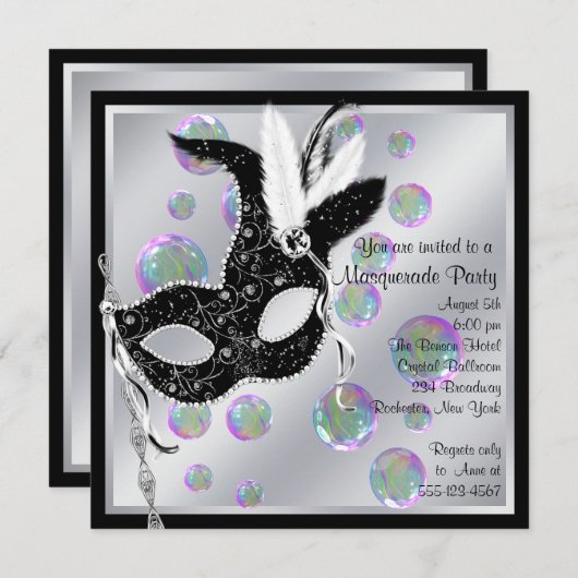 Invitation Bubbles Black and White Masquerade Party (Devant / Derrière)