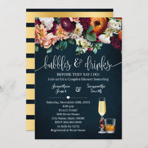 Invitation Bubbles & Boissons Couples Douche Fleurs Vins Bleu