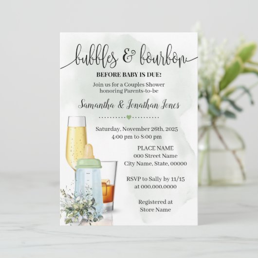 Invitation Bubbles & Bourbon avant bébé Dû verdure Douche (Debout devant)