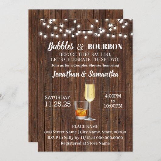 Invitation Bubbles & Bourbon avant de faire mariage rustique (Devant / Derrière)
