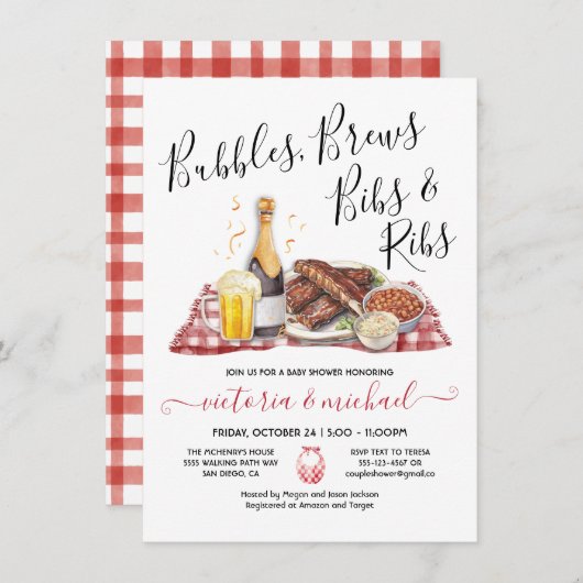 Invitation Bubbles Brews Bibs and Ribs Baby shower (Devant / Derrière)