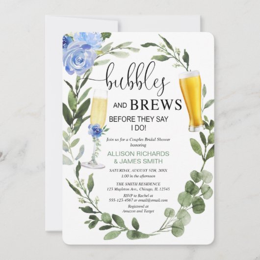 Invitation Bubbles Brews bleu verdure couples nuptiale douche (Devant)