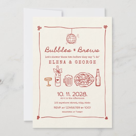 Invitation Bubbles & Brews Rouge Main Tirée Couples Douche (Devant)