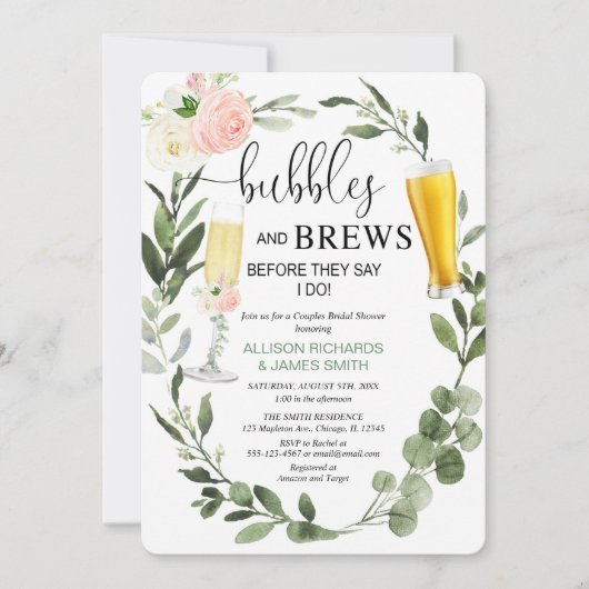 Invitation Bubbles Brews vert rose couples nuptiale douche (Devant)