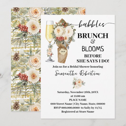 Invitation Bubbles Brunch & Bloom Bridal Shower Winter Floral (Devant / Derrière)
