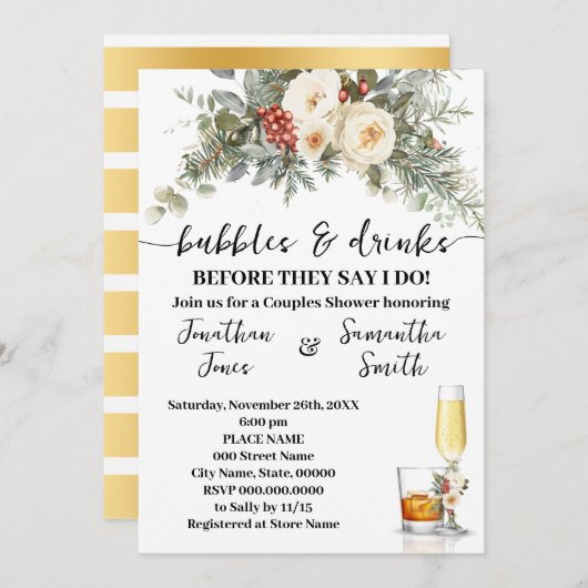 Invitation Bubbles & Drinks Bridal Shower Winter Floral (Devant / Derrière)