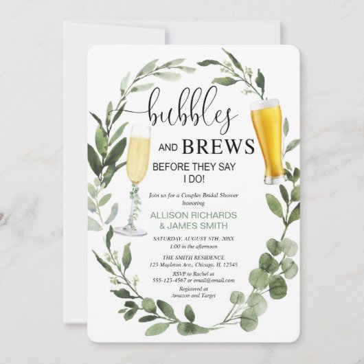 Invitation Bubbles et Brews verdure couples nuptiale douche (Devant)