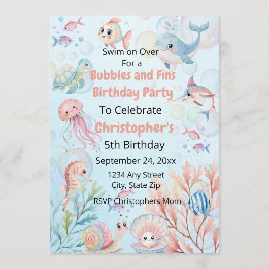 Invitation Bubbles & Fins Children's Birthday  (Devant)