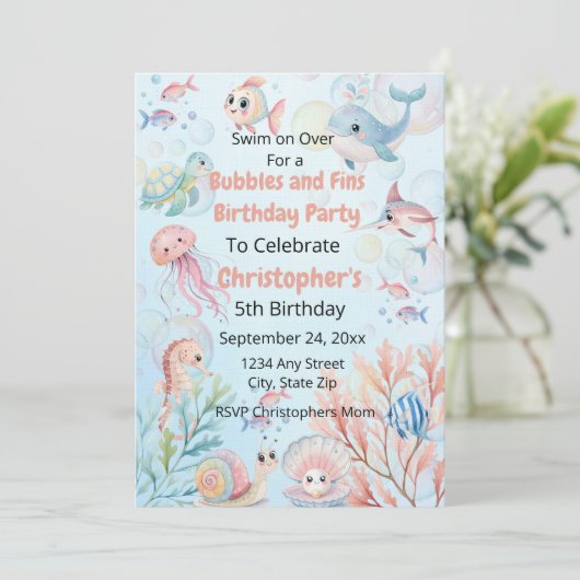 Invitation Bubbles & Fins Kids Ocean Birthday (Debout devant)