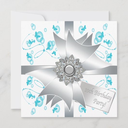 Invitation Bubbles papillon turquoise 10e anniversaire fêté I (Devant)
