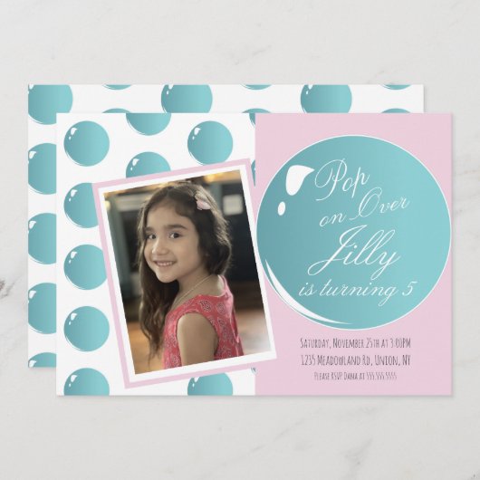 Invitation Bubbles Pop over Anniversaire fête rose (Devant / Derrière)