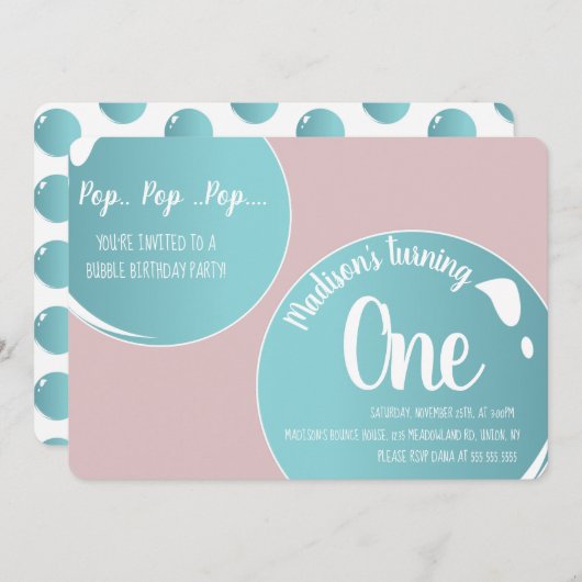 Invitation Bubbles Pop Pop Pop Anniversaire Fun Rose (Devant / Derrière)