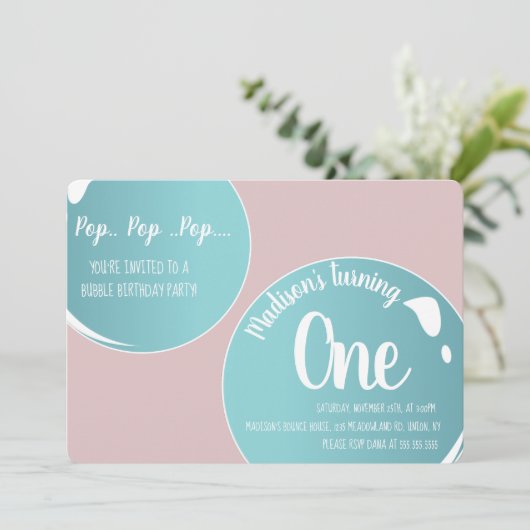 Invitation Bubbles Pop Pop Pop Anniversaire Fun Rose (Debout devant)