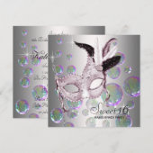 Invitation Bubbles rose argent Sweet sixteen Masquerade (Devant / Derrière)