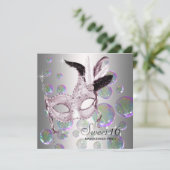Invitation Bubbles rose argent Sweet sixteen Masquerade (Debout devant)