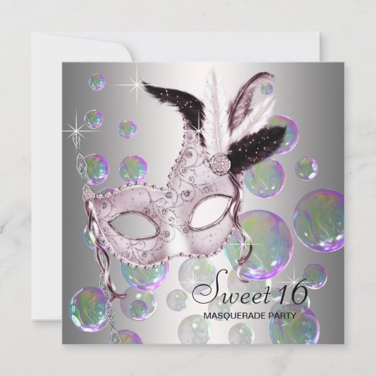 Invitation Bubbles rose argent Sweet sixteen Masquerade (Devant)