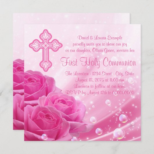 Invitation Bubbles rose première communion (Devant / Derrière)