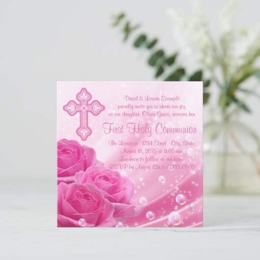 Invitation Bubbles rose première communion (Debout devant)