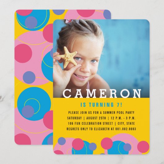 Invitation Bubbles Roses Et Bleues Photo Fille Anniversaire (Devant / Derrière)