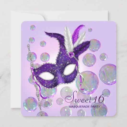Invitation Bubbles violets Sweet sixteen violet mascarade (Devant)