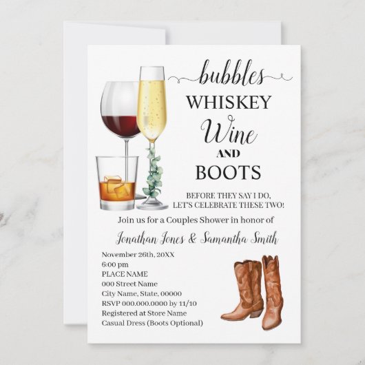Invitation Bubbles Whiskey Vin & Bottes Couples Douche (Devant)