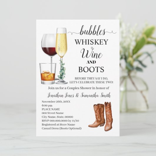 Invitation Bubbles Whiskey Vin & Bottes Couples Douche (Debout devant)