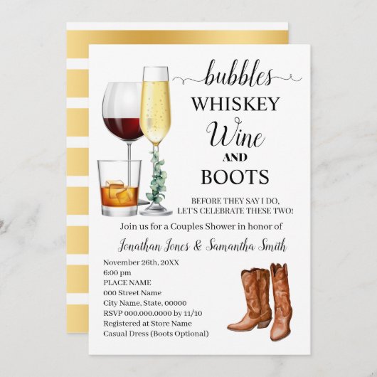 Invitation Bubbles Whiskey Vin & Bottes Couples Douche (Devant / Derrière)